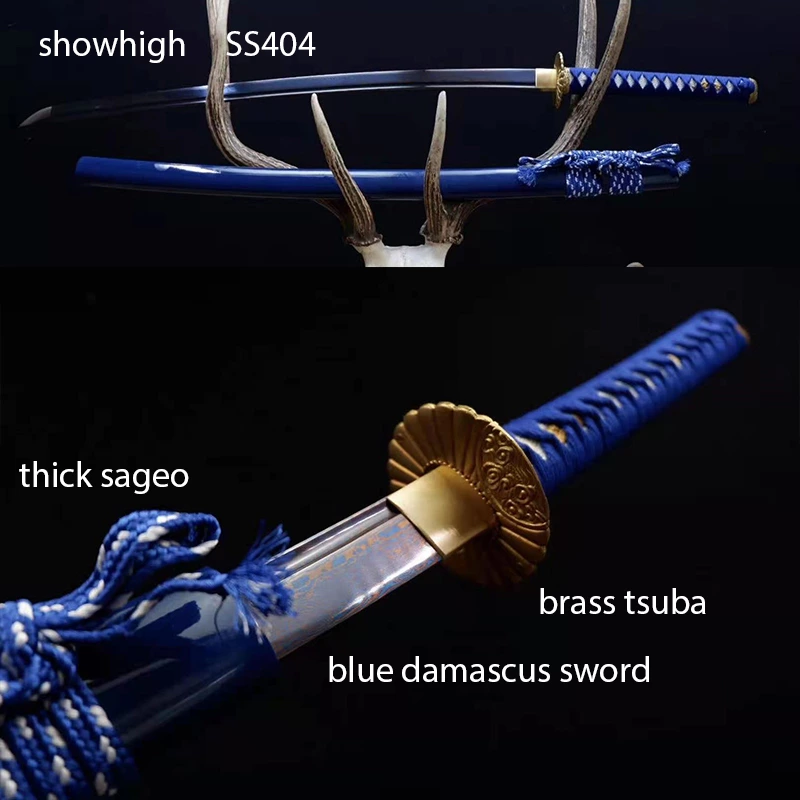 Handmade blue damascus Swords with brass tsuba ss404