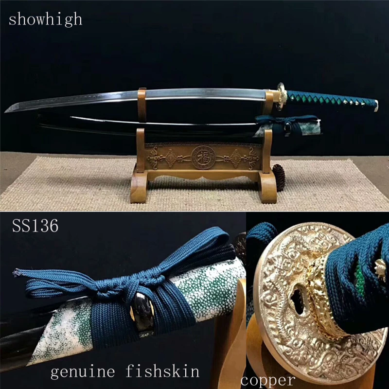 Handmade T10 real hamon katana Swords with part genuine fishskin saya ss136