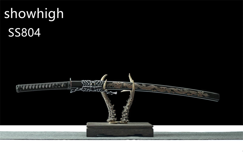 handmade black damascus sword with dragon lasered yakal wood saya ss804