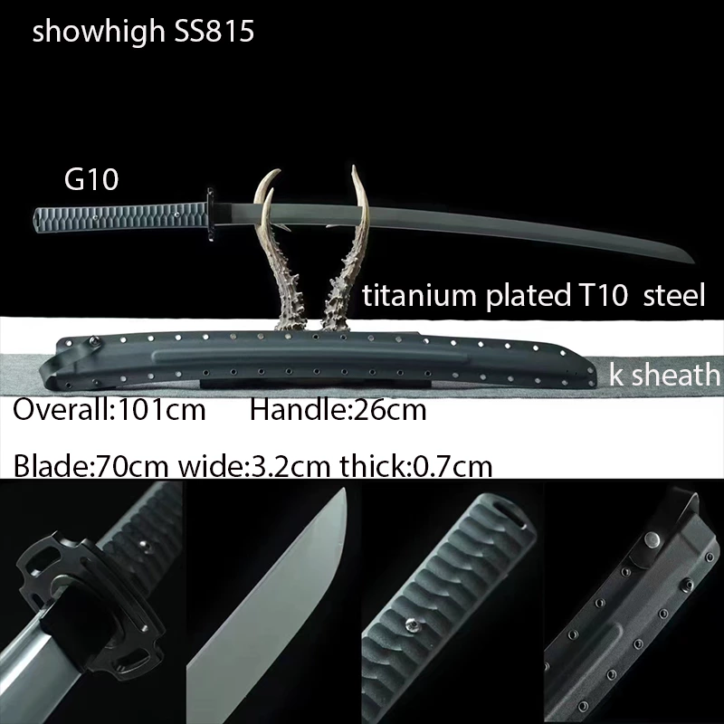 handamde titanium plated  high carbon steel katana sword with G10 handle and K sheath ss815