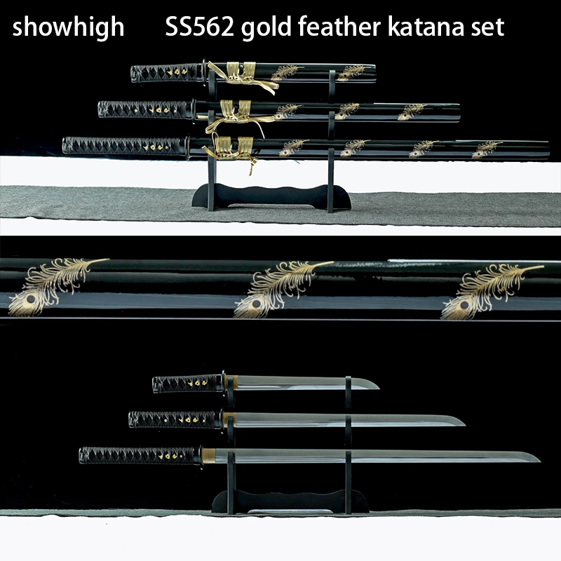 handmade gold feather katana swords set SS562